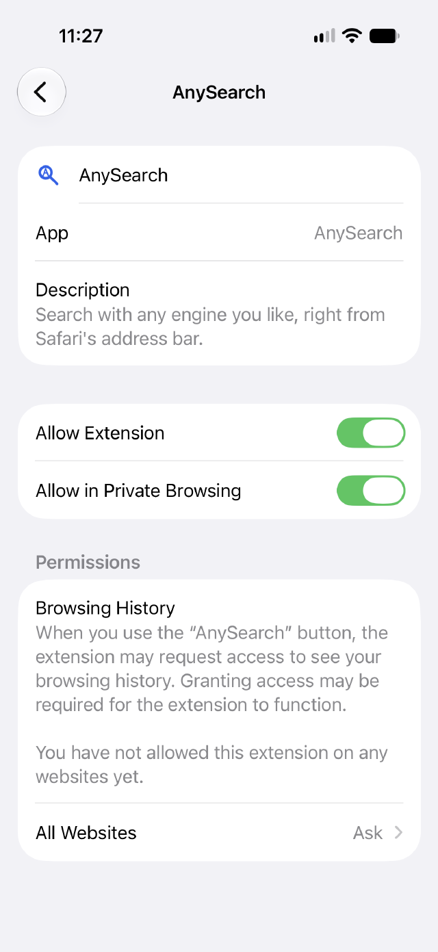 AnySearch extension settings with Allow Extension and Allow in Private Browsing both turned on