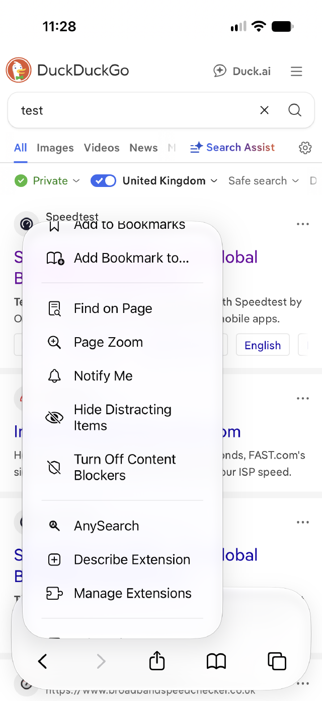 Safari's page menu with AnySearch listed among the extensions