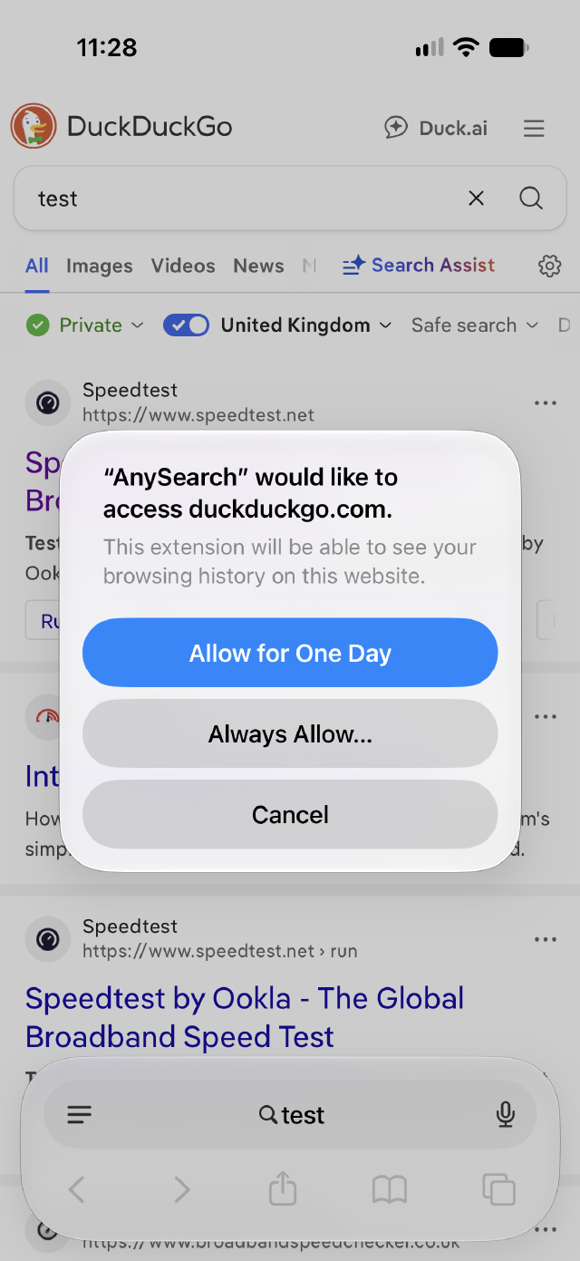 Safari permission prompt asking to allow AnySearch access, with the Always Allow option