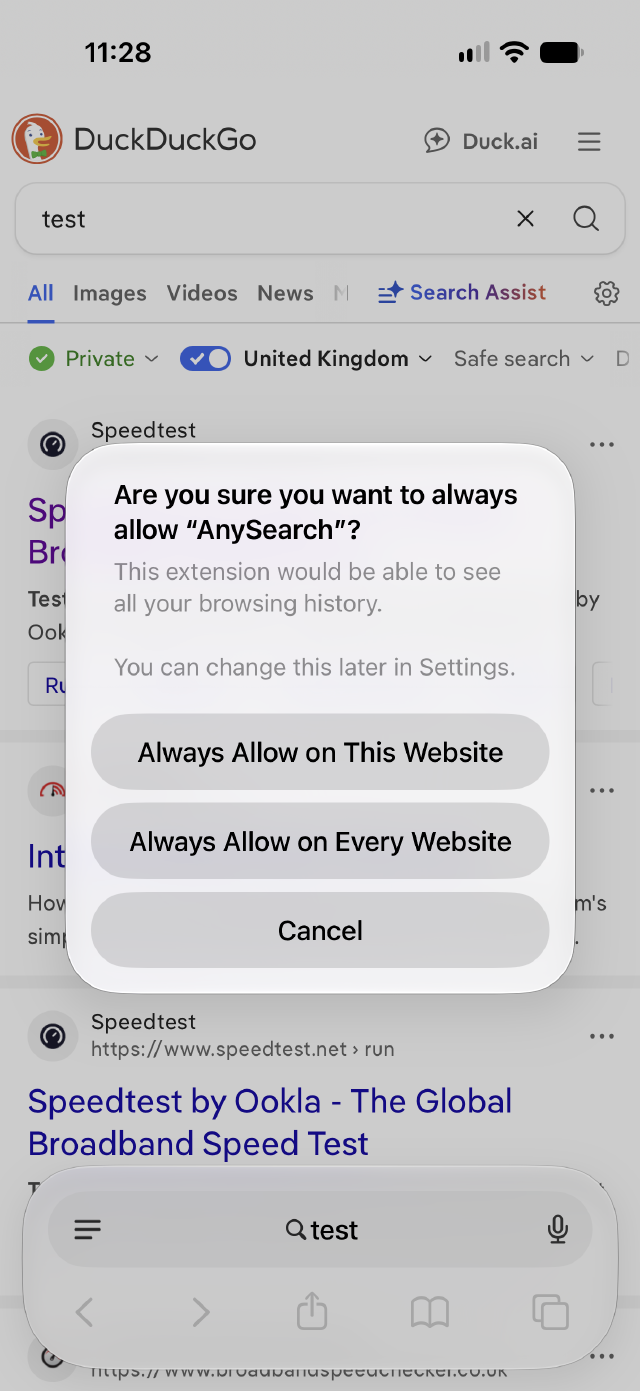 Safari confirmation dialog for always allowing AnySearch, with This Website and Every Website options