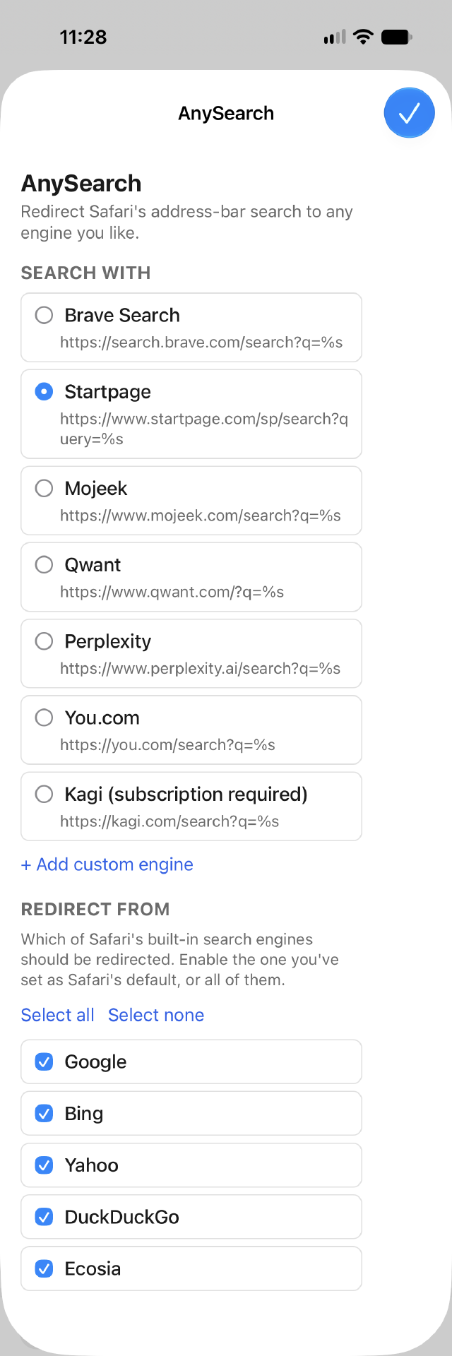 AnySearch's menu for choosing a search engine and which built-in engines to redirect from
